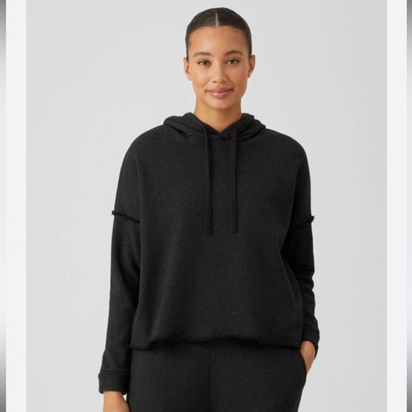 Eileen Fisher Petites Black /Gray  Organic Raw hem Pull Over Hooded Sweatshirt - Picture 1 of 8